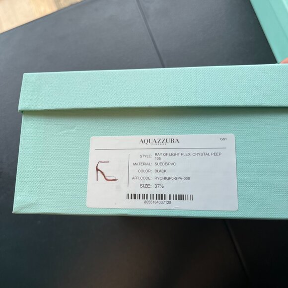 NWT Aquazzura Ray Of Light Sandals Plexi Crystal Peep Toe 105 Black Suede/PVC - Picture 3 of 13